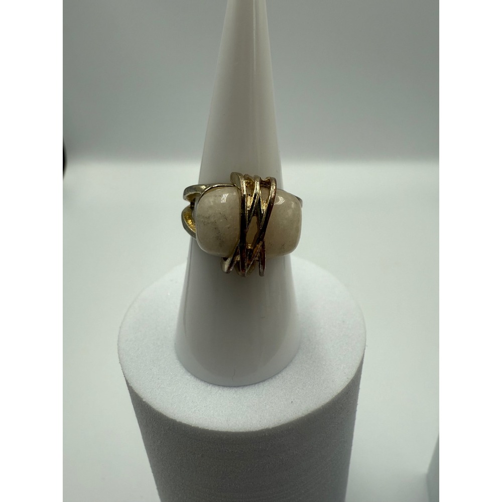 Vintage Gold Tone Wire Wrapped White Stone Statement Ring Split Shank Size 7